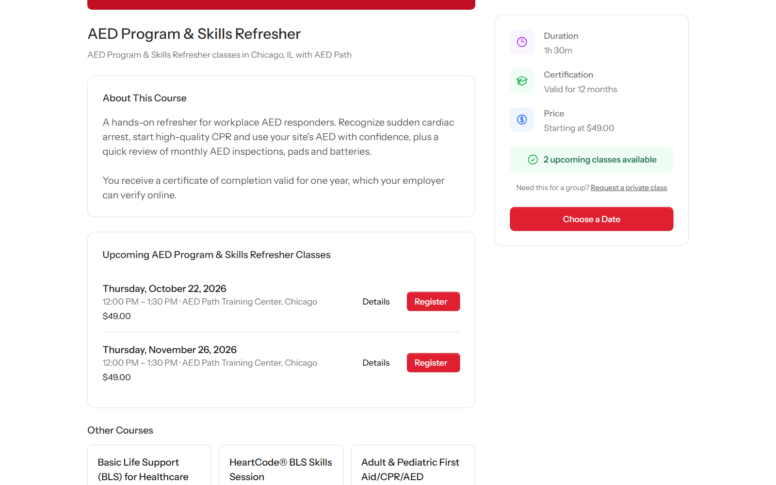 An AED Program and Skills Refresher course page on a JoinCPR booking site, a course the business created itself, with its description, duration, 12-month certification, price and upcoming dates with Register buttons