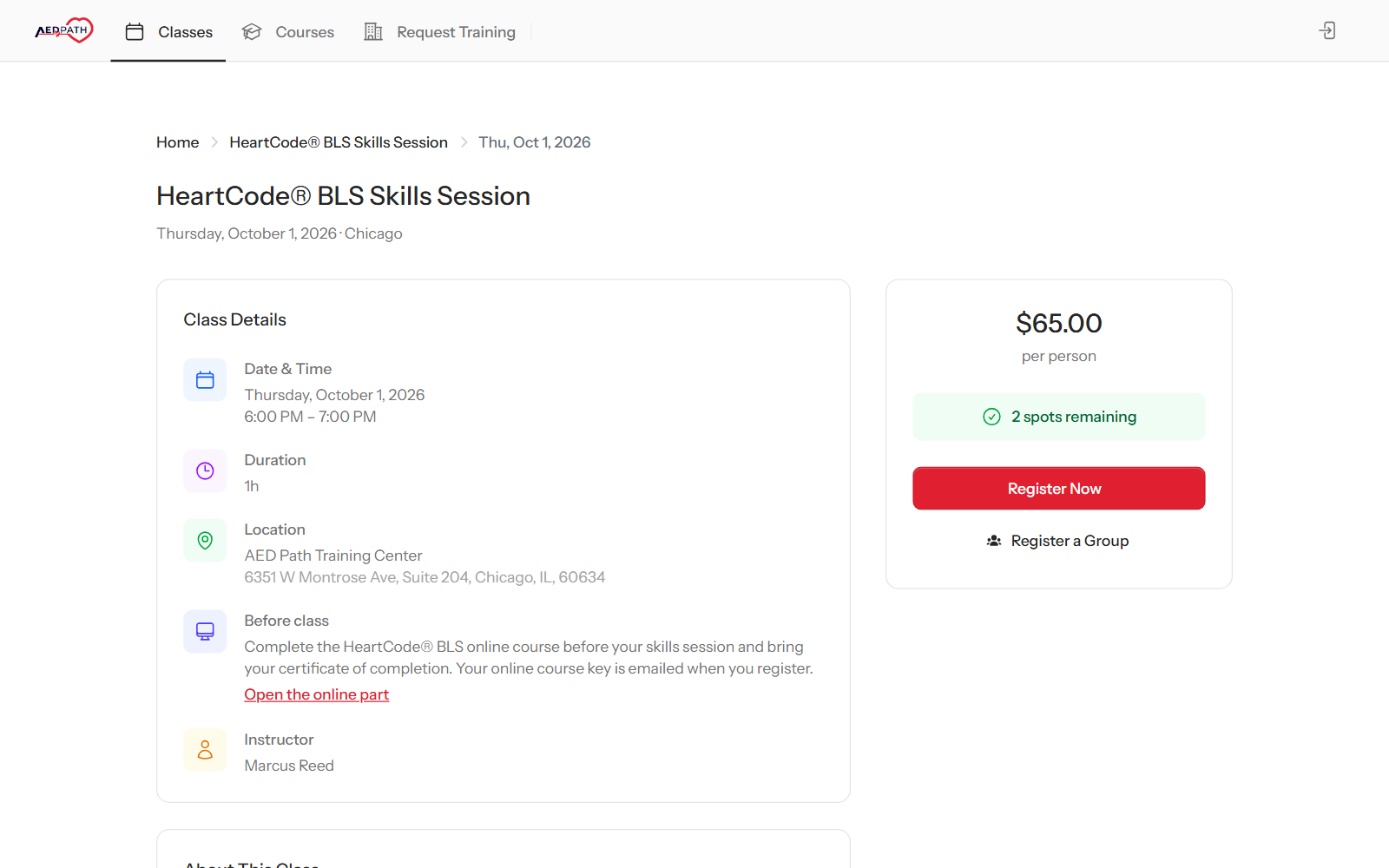A HeartCode BLS Skills Session class page on a JoinCPR booking site with a Before class note telling students to complete the online course first, and a link to the online part