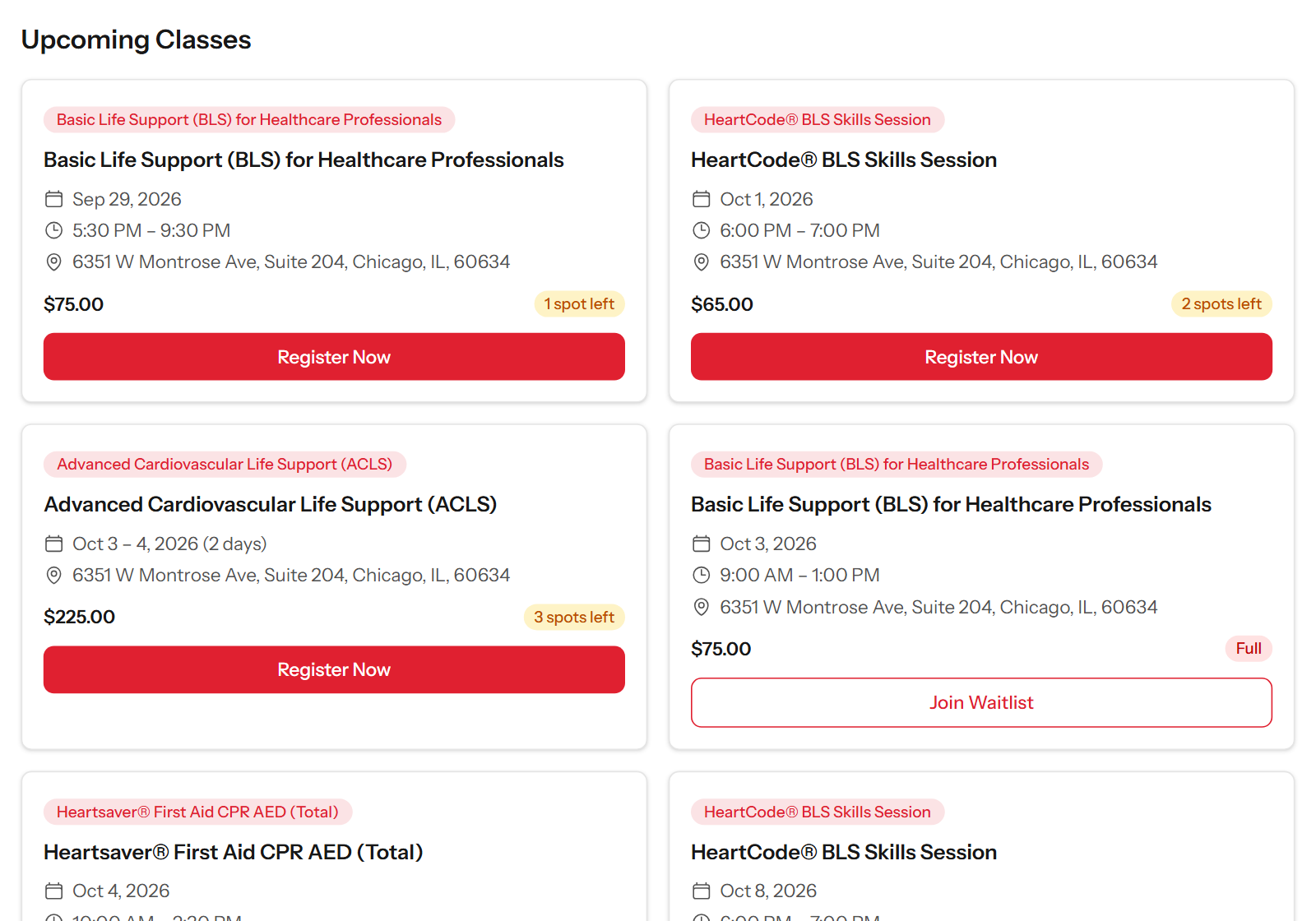 The JoinCPR class schedule widget as it appears on a website: upcoming BLS, HeartCode, ACLS and first aid classes with dates, times, locations, prices, spots left and Register Now or Join Waitlist buttons