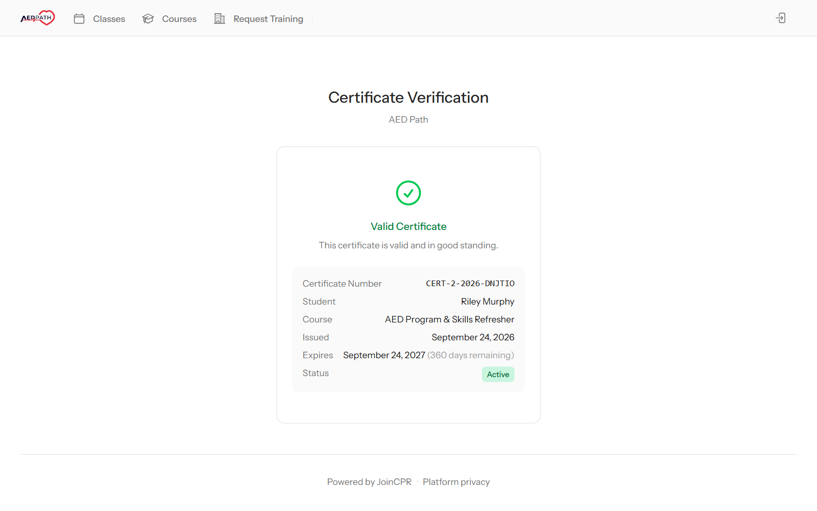 A certificate verification page on a JoinCPR booking site showing Valid Certificate with the certificate number, student name, course, issue date, expiry date and Active status