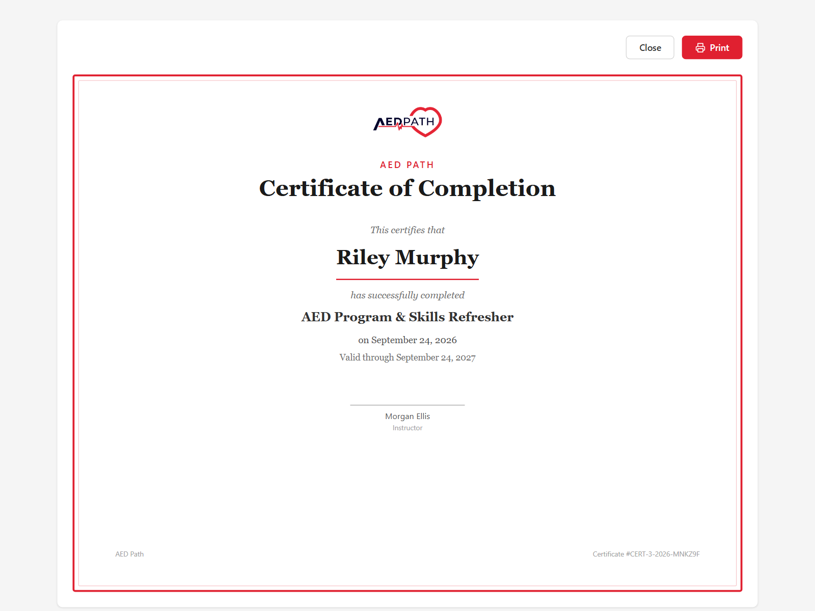 A certificate of completion from JoinCPR for an AED Program and Skills Refresher course, with the training business's logo, the student's name, the completion date, the valid-through date, the instructor's signature line and the certificate number