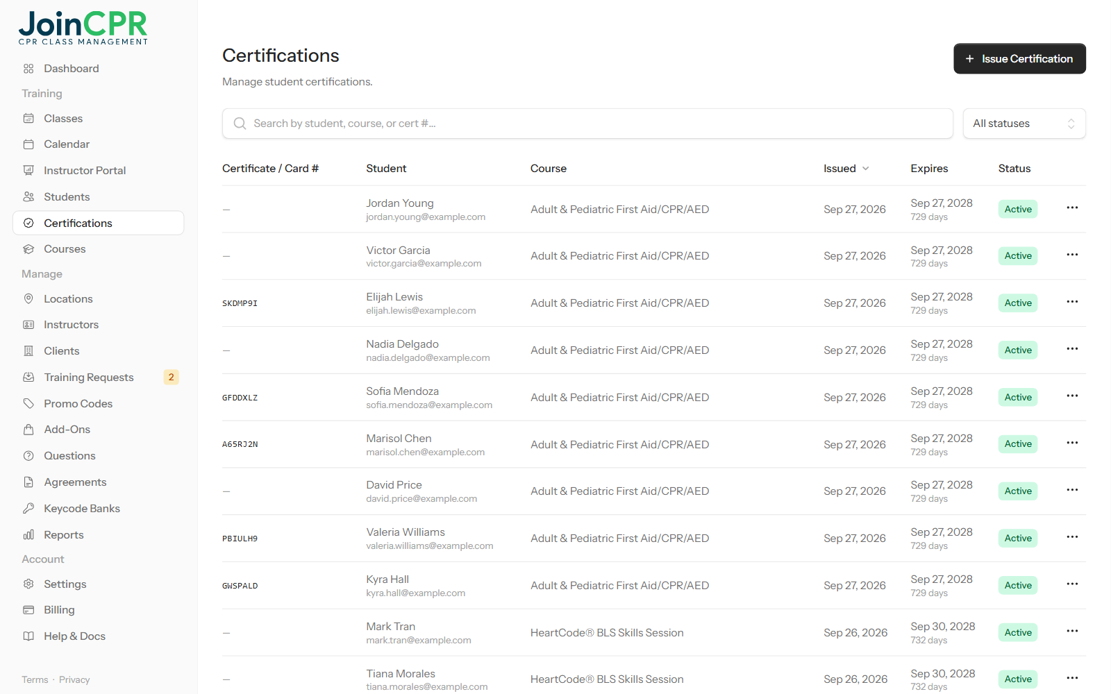 The Certifications page in JoinCPR listing students' certifications with the course, card number, issue date, expiry date and status, with search and a status filter