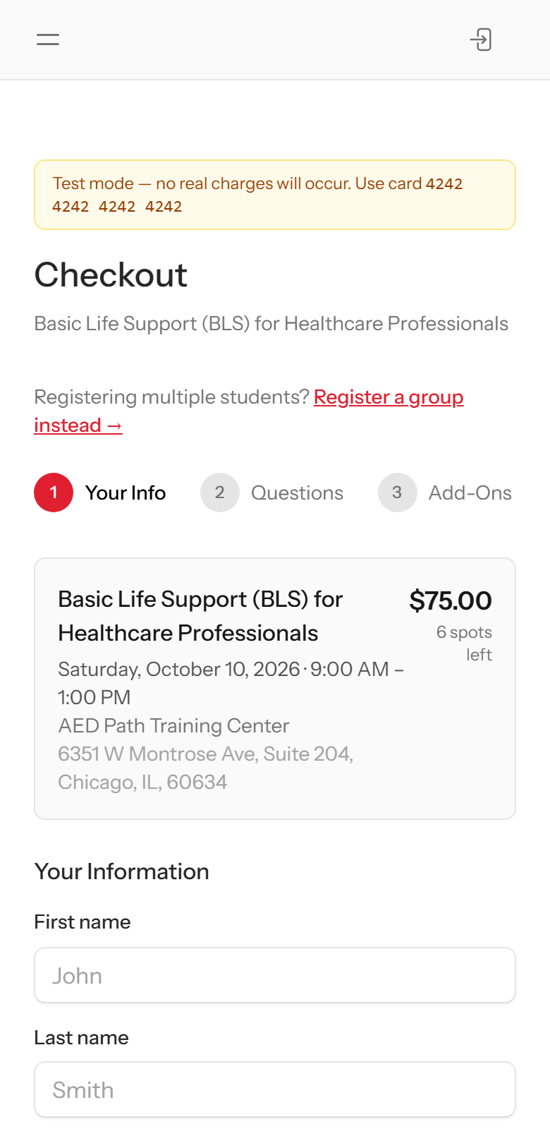 The first step of JoinCPR checkout on a phone, with the class summary and the student's name fields