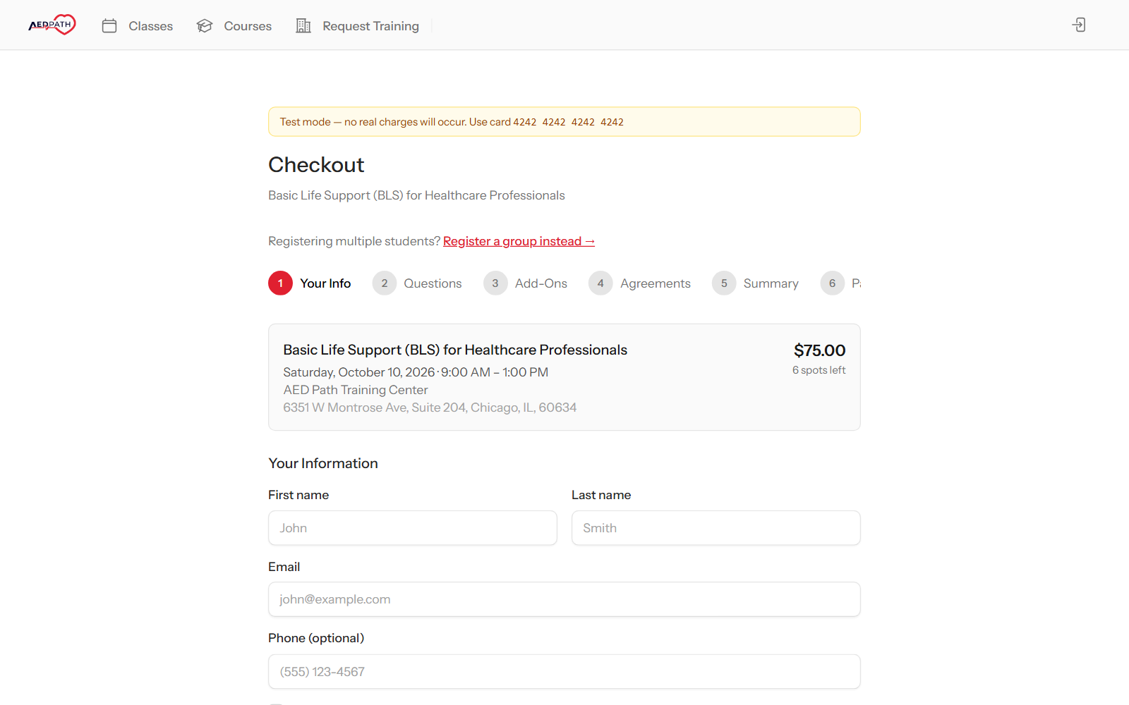 JoinCPR checkout in test mode, with a banner saying no real charges will occur and to use the test card number