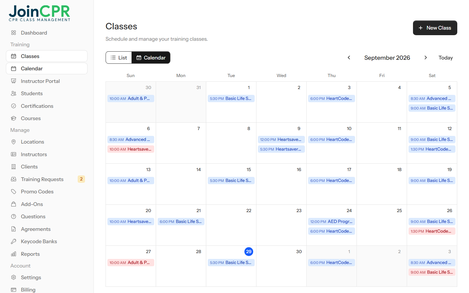 The JoinCPR month calendar with BLS, ACLS, HeartCode and first aid classes on their days, colour-coded by open, full and draft