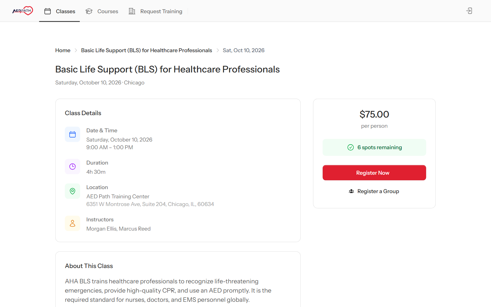 A BLS class page on a training business's JoinCPR booking site with the date, location, instructors, price per person and Register Now and Register a Group buttons