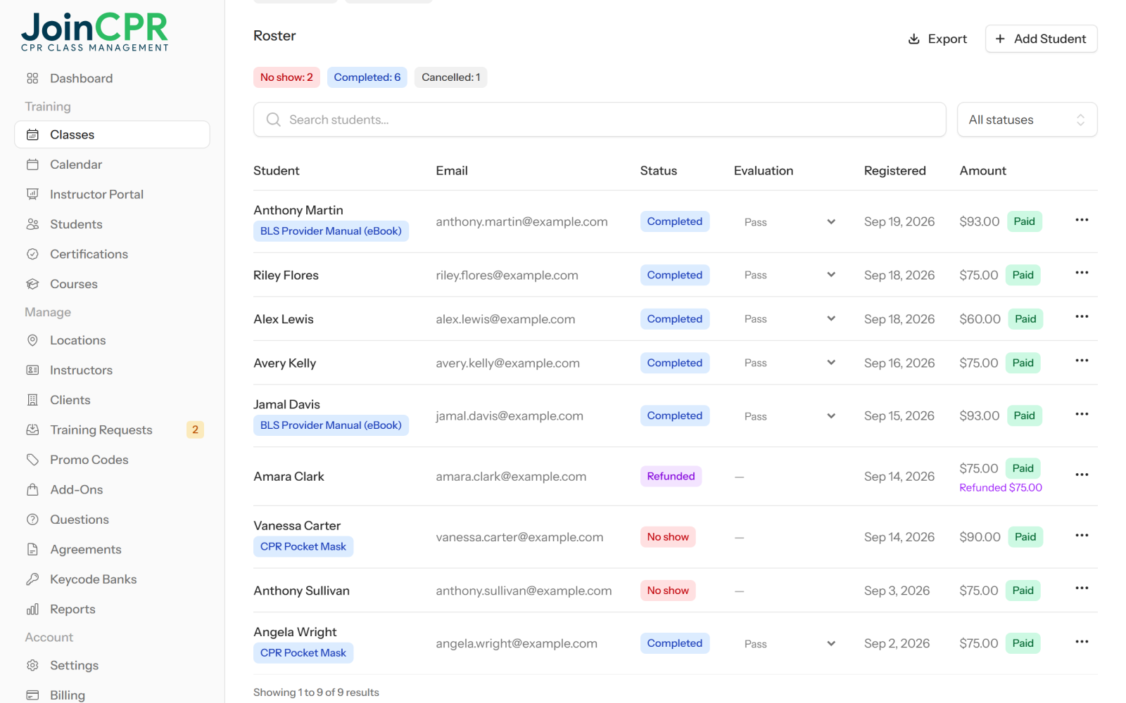 A class roster in JoinCPR: each student's status, pass or fail evaluation, add-ons, registration date and payment, with buttons to export the roster or add a student