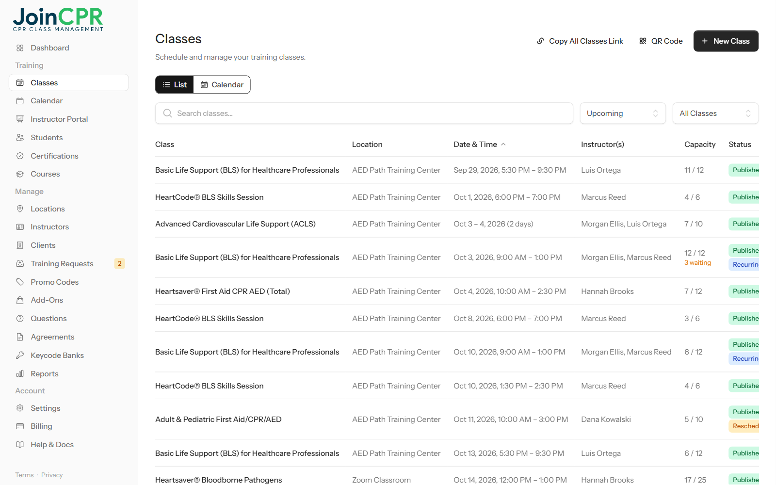 The Classes list in JoinCPR with each upcoming class's location, date and time, instructors, capacity and status, plus Copy All Classes Link and QR Code buttons