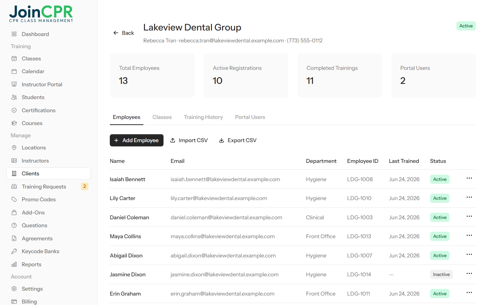 A corporate client's page in JoinCPR with totals for employees, active registrations, completed trainings and portal users, and the client's employee list