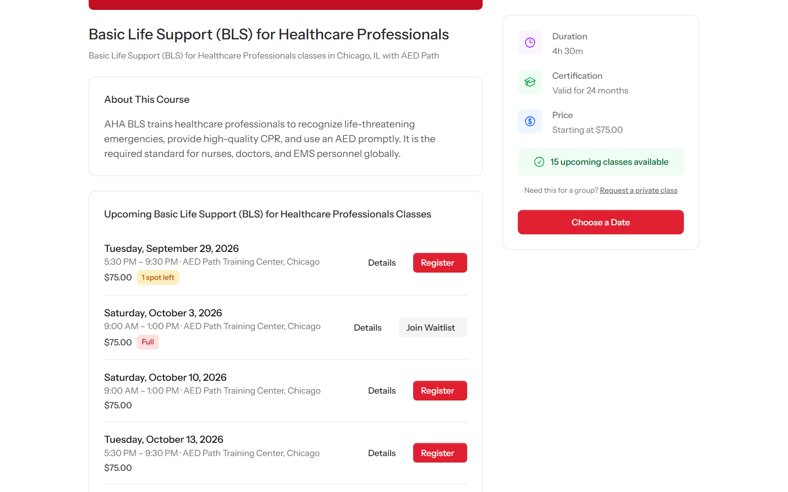 A BLS course page on a JoinCPR booking site titled as classes in Chicago, IL, with the course description, duration, certification length, price and a list of upcoming dates with Register buttons