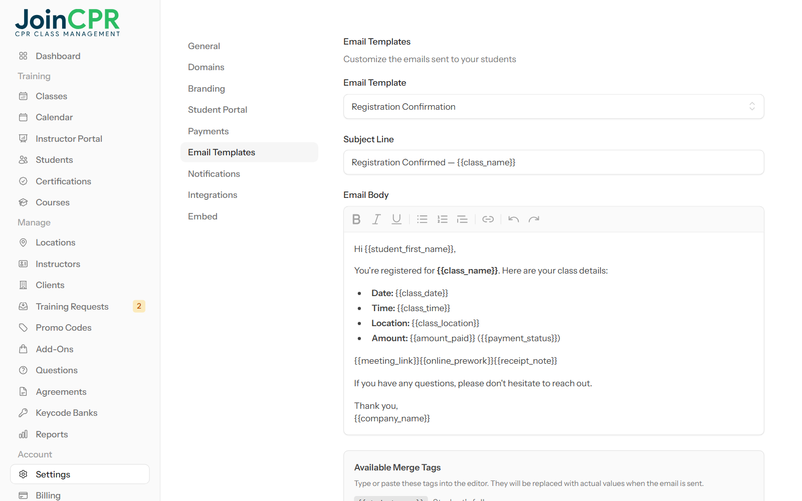 The email template editor in JoinCPR showing the Registration Confirmation subject and body with merge tags such as student first name, class date, time and location