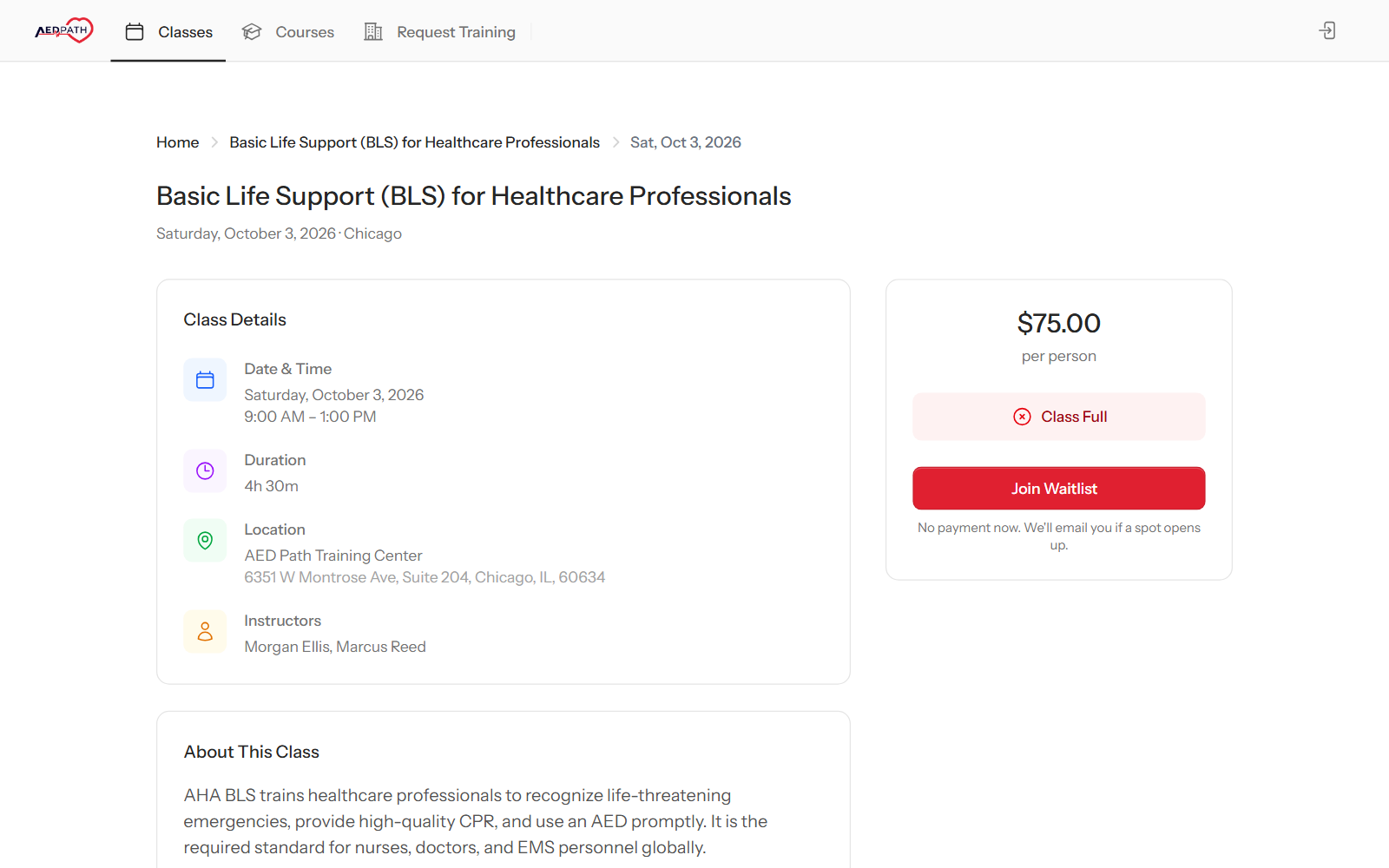 A full BLS class page on a JoinCPR booking site showing Class Full and a Join Waitlist button, with no payment needed to join