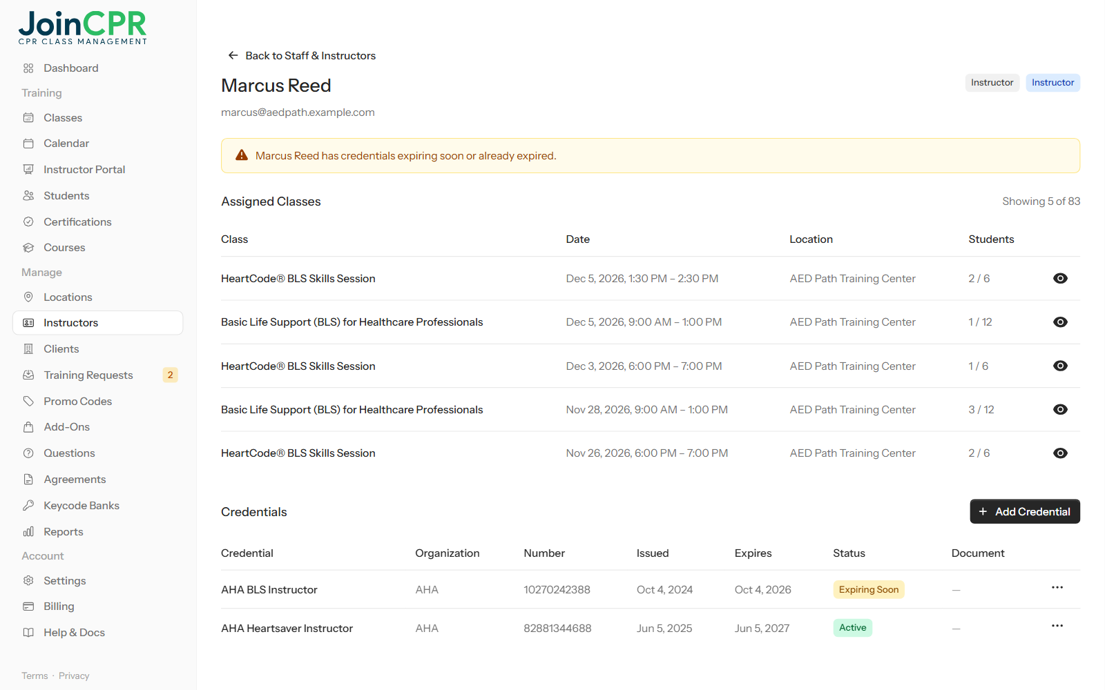 An instructor's page in JoinCPR with a warning that credentials are expiring, their assigned classes, and credentials with organization, number, dates and an Expiring Soon status
