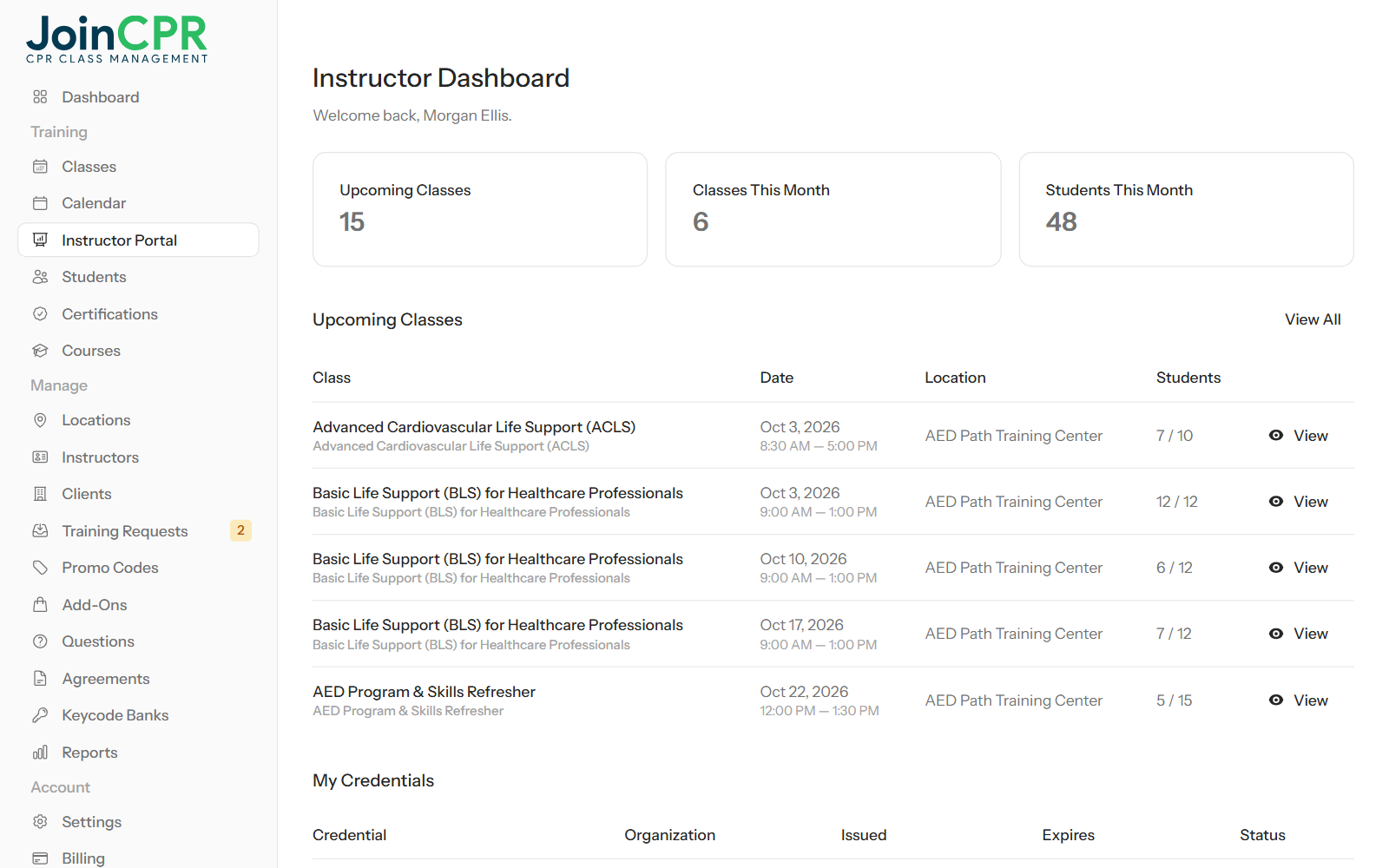 The JoinCPR instructor dashboard with upcoming classes, classes and students this month, and a list of the instructor's next classes with dates, locations and students registered