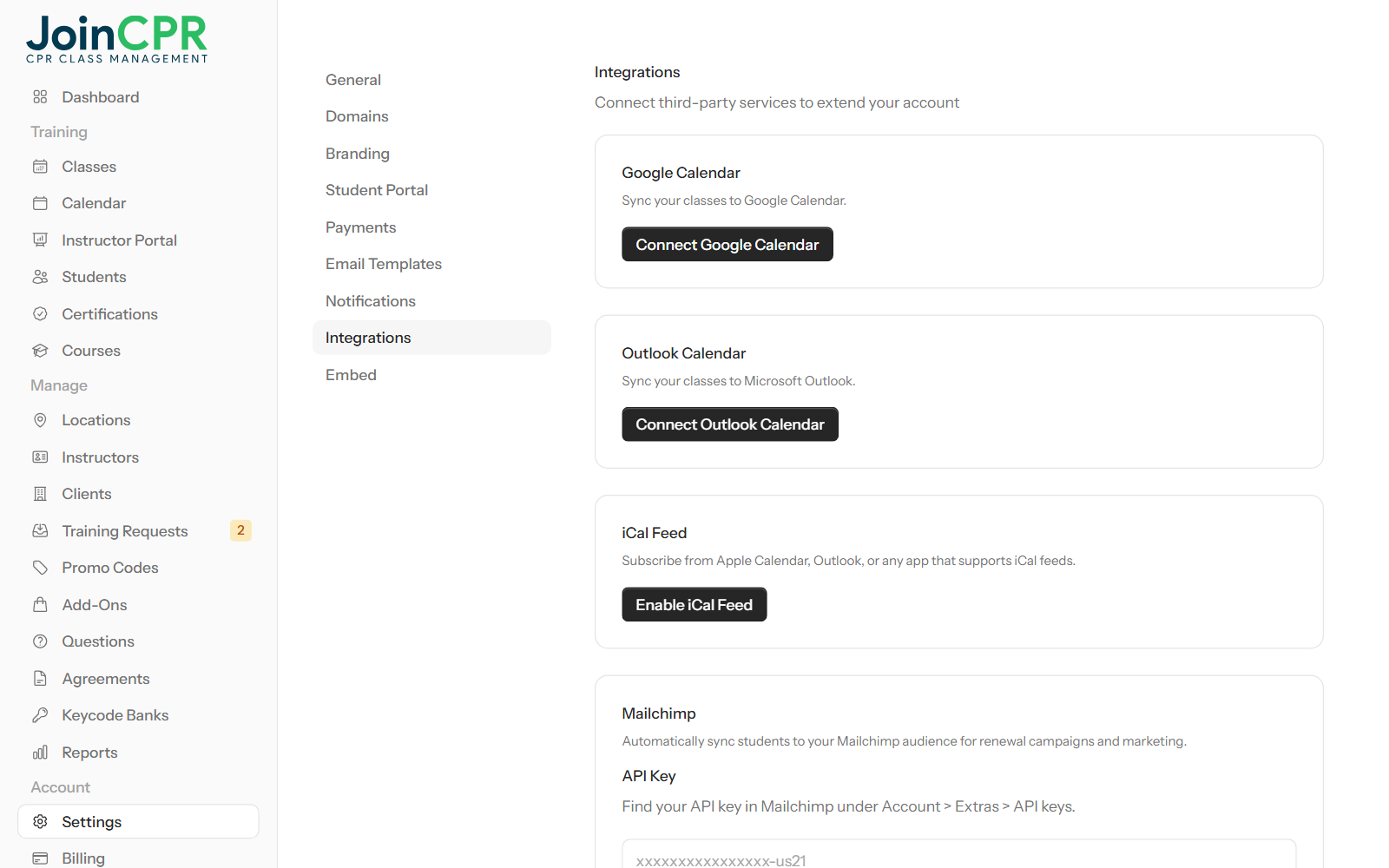 The Integrations settings page in JoinCPR with cards to connect Google Calendar, Outlook Calendar, an iCal feed and Mailchimp