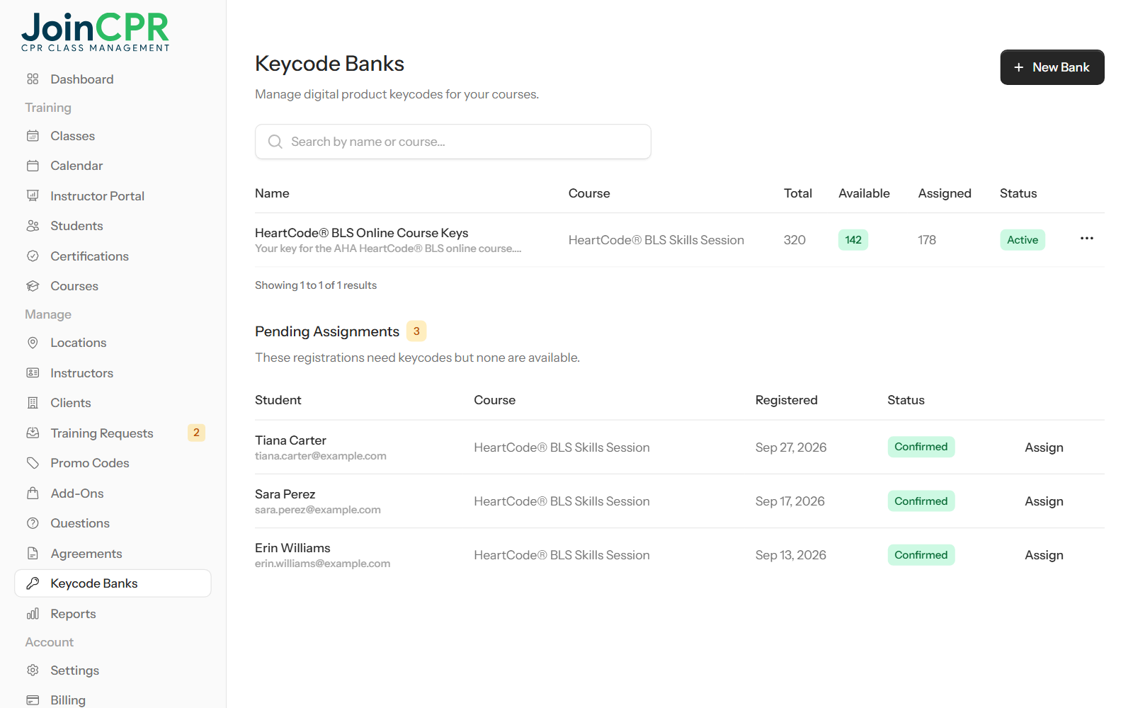 The Keycode Banks page in JoinCPR showing a HeartCode BLS online course key bank with its total, available and assigned codes, and a list of registrations waiting for a code