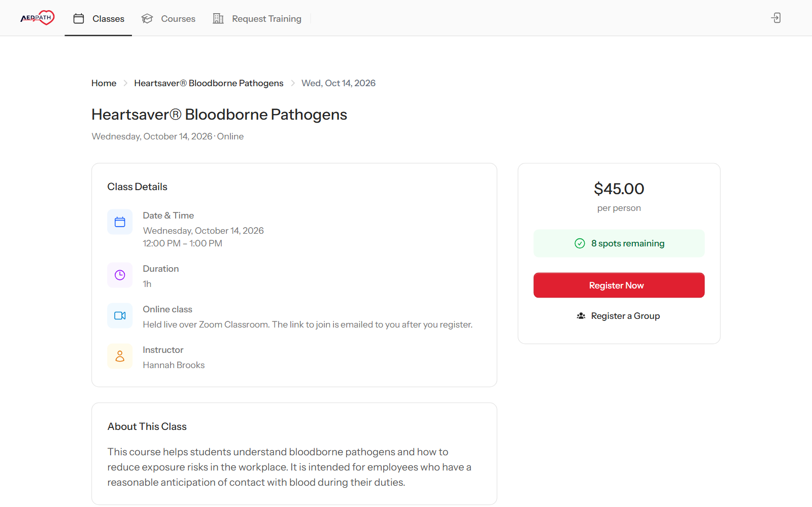 An online Heartsaver Bloodborne Pathogens class on a JoinCPR booking site, marked as held live over Zoom Classroom with the join link emailed after registration