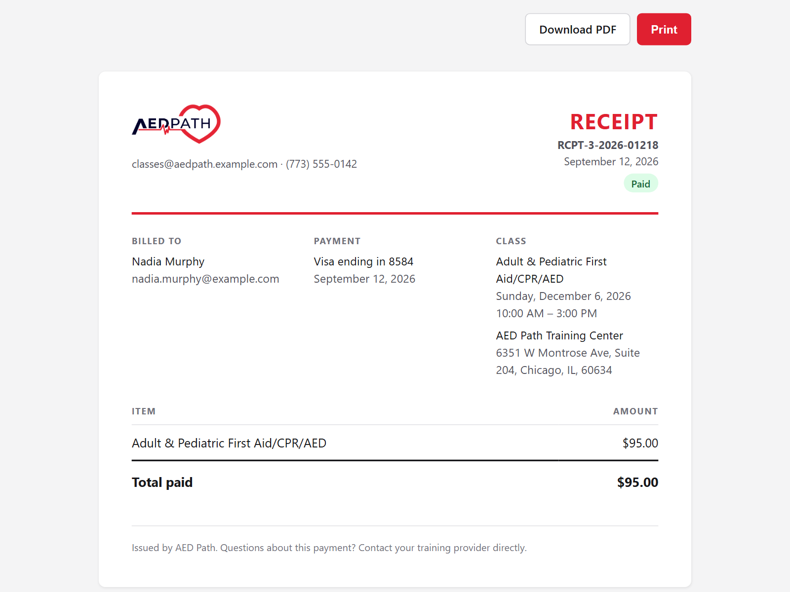 A branded JoinCPR receipt with the training business's logo, receipt number, Paid badge, card ending, class date and location, and the total paid