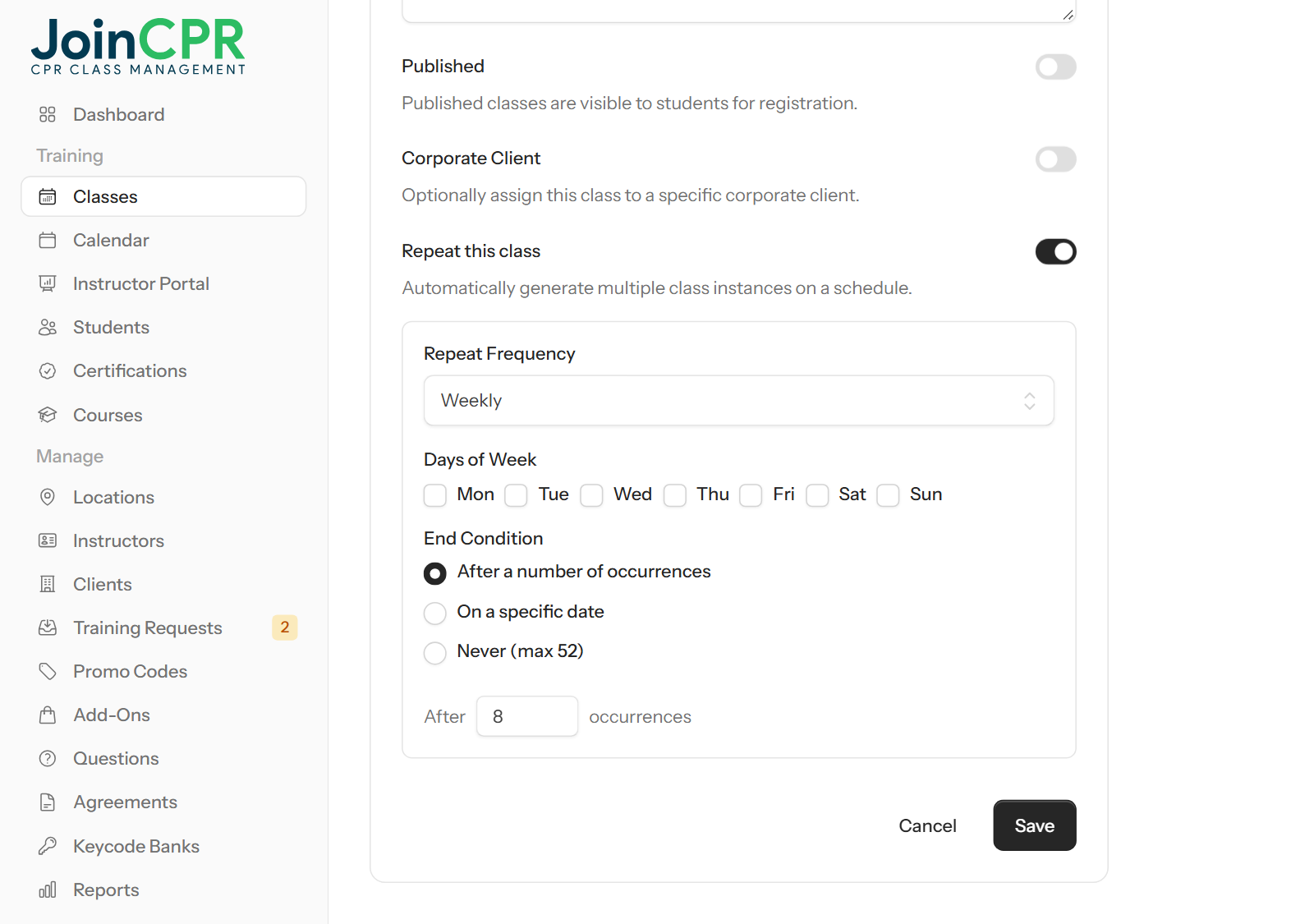 The New Class form in JoinCPR with Repeat this class switched on, showing the weekly frequency, days of the week and an end after 8 occurrences