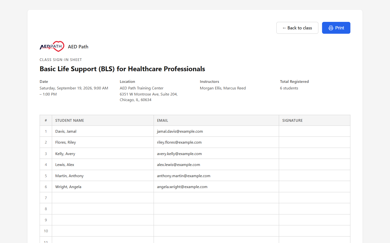 A printable JoinCPR class sign-in sheet with the business logo, class date, location and instructors, and a numbered list of students with email and signature columns