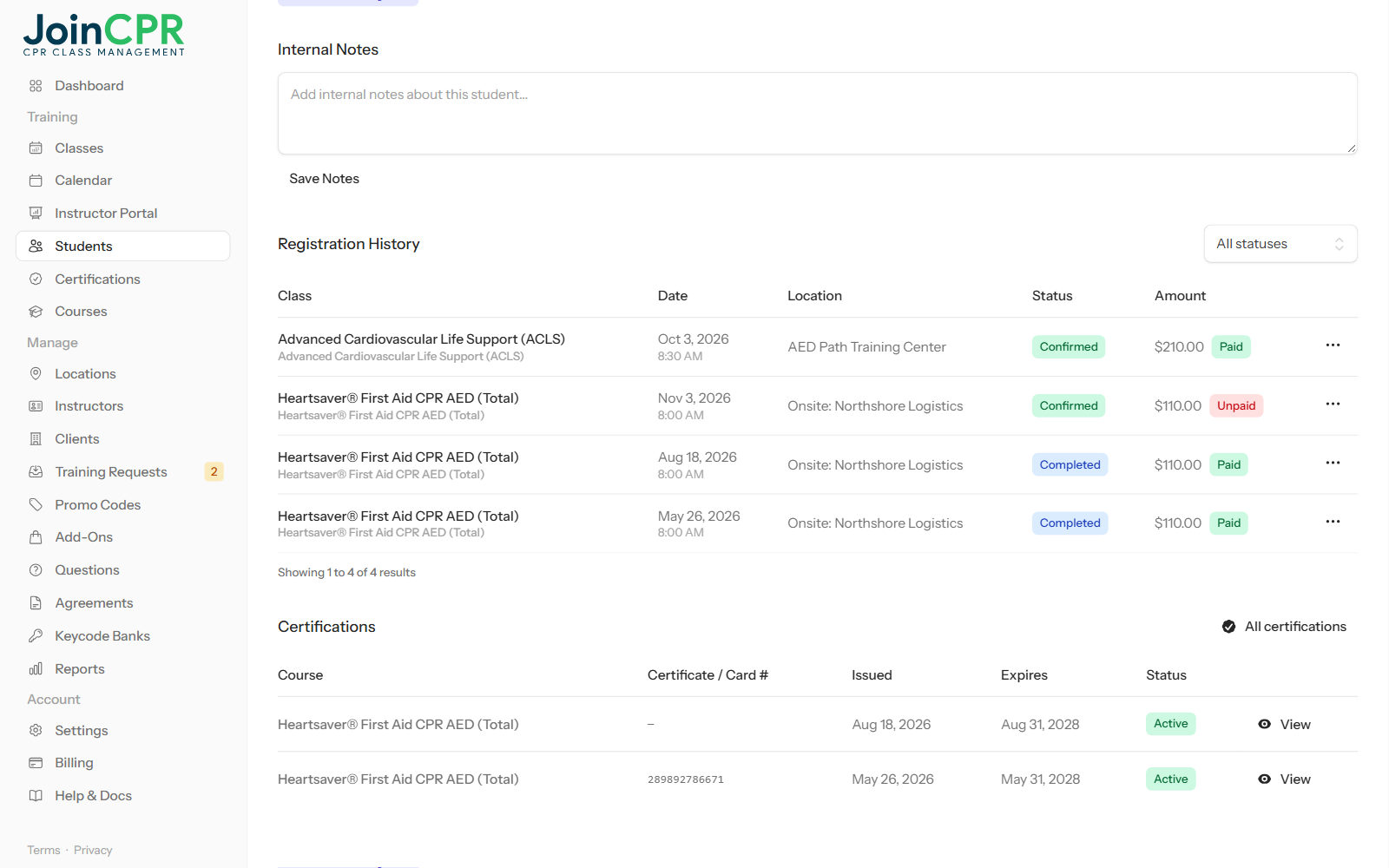 A student's registration history in JoinCPR with each class, date, location, status and amount paid