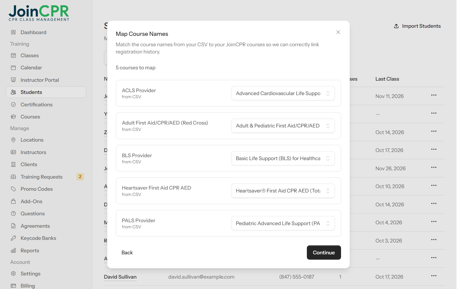 The JoinCPR student import matching course names from another system's spreadsheet, such as BLS Provider and ACLS Provider, to the courses in JoinCPR before anything is imported