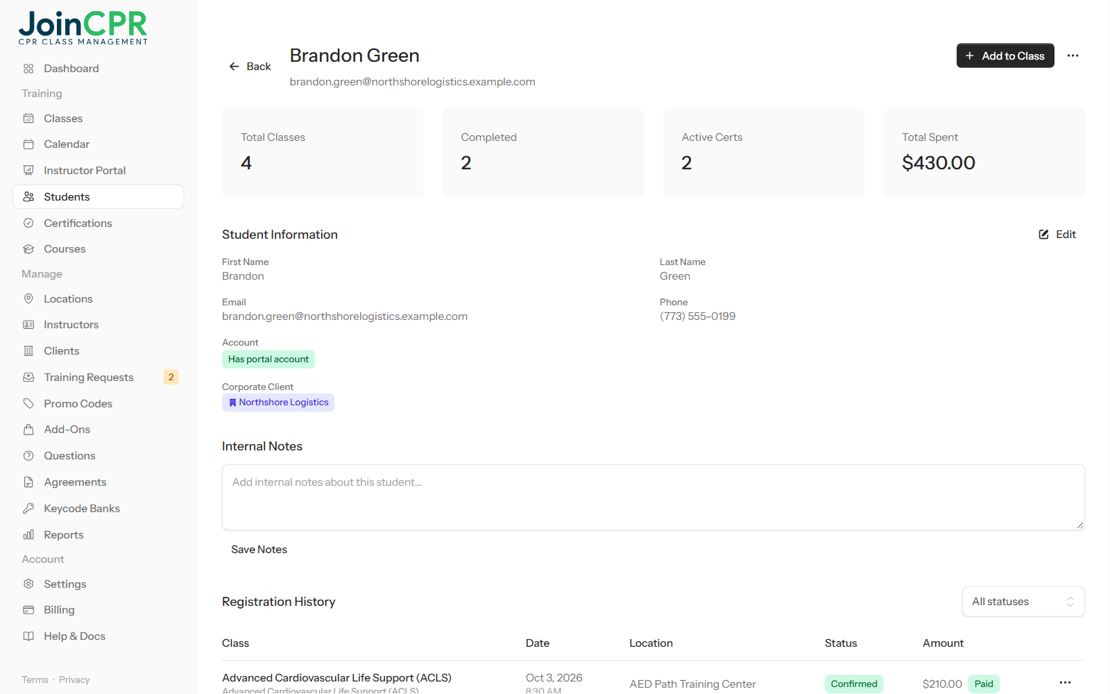 A student's profile in JoinCPR with totals for classes, completed classes, active certifications and total spent, their contact details, a portal account badge and their corporate client