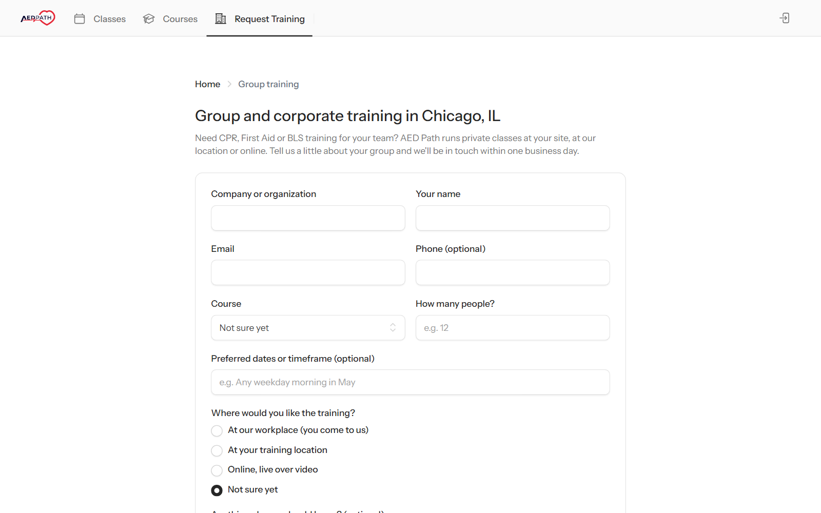 The group and corporate training request form on a JoinCPR booking site, asking for the company, contact details, course, number of people, preferred dates and where the training should happen
