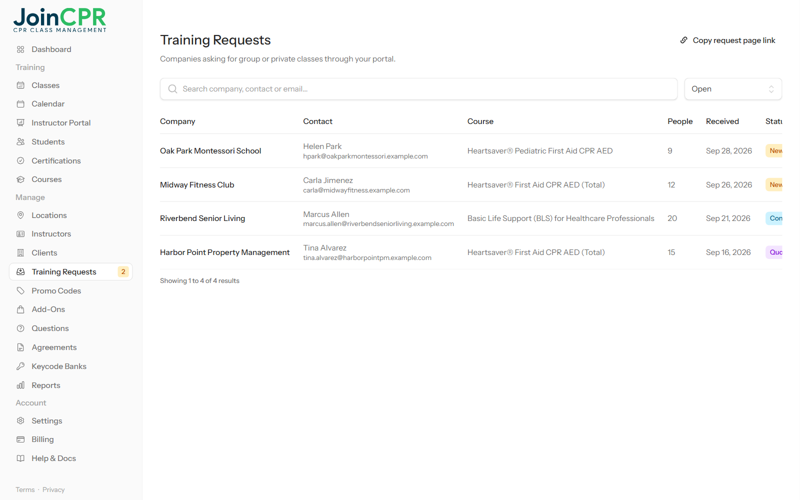 The Training Requests inbox in JoinCPR listing companies that asked for group training, with the contact, course, headcount and status of each request