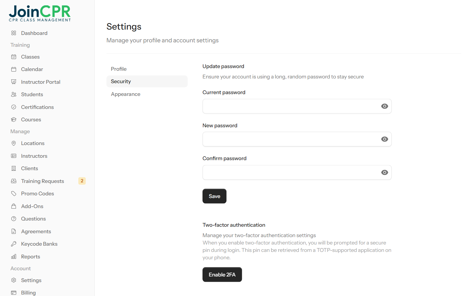 The Security settings page in JoinCPR with fields to change the password and a Two-factor authentication section with an Enable 2FA button