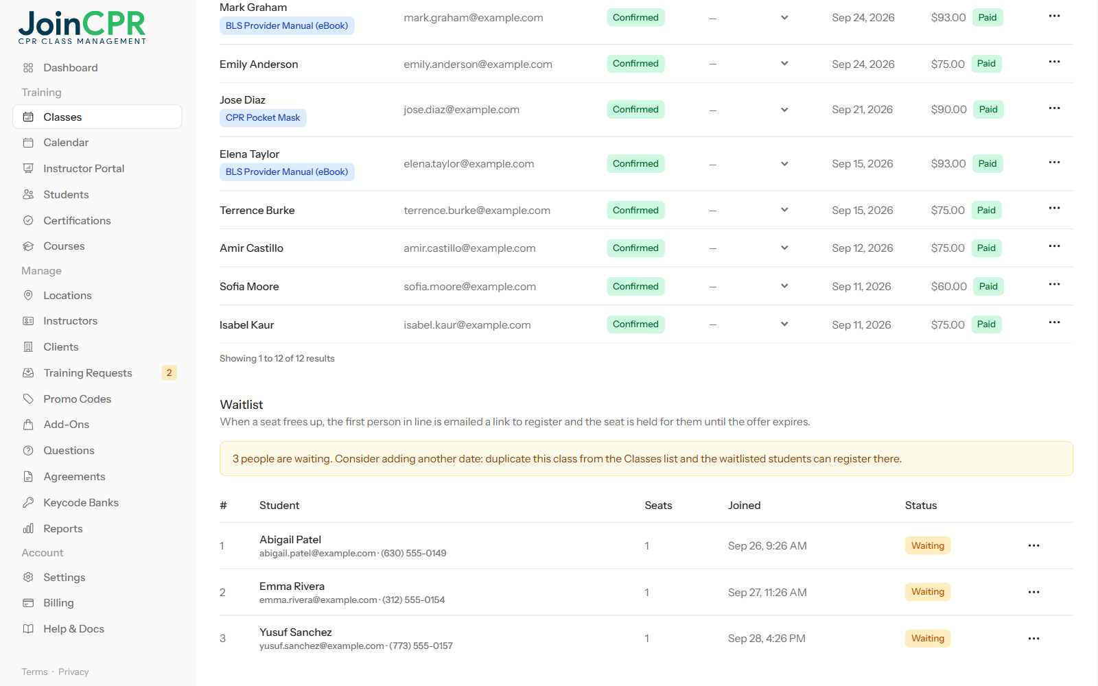 The waitlist below a full BLS class roster in JoinCPR, listing three waiting students with their place in line, seats wanted, when they joined and their status